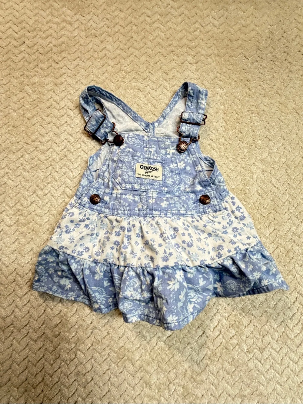 2 pc Baby Girl Outfit Set: 3M OshKosh Floral Overall Dress White Knit Cardigan